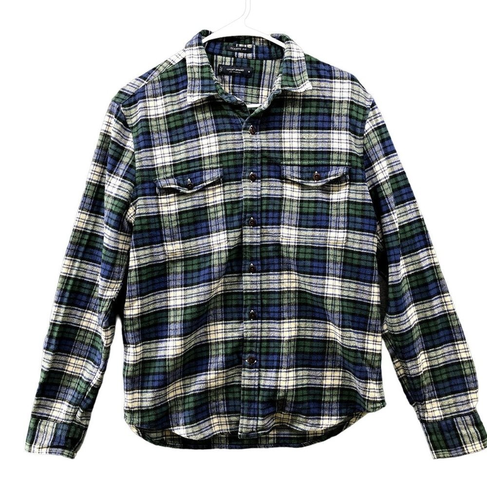 Lucky Brand‎ Flannel Shirt Mens M Classic Fit Blue Green White Tartan Plaid